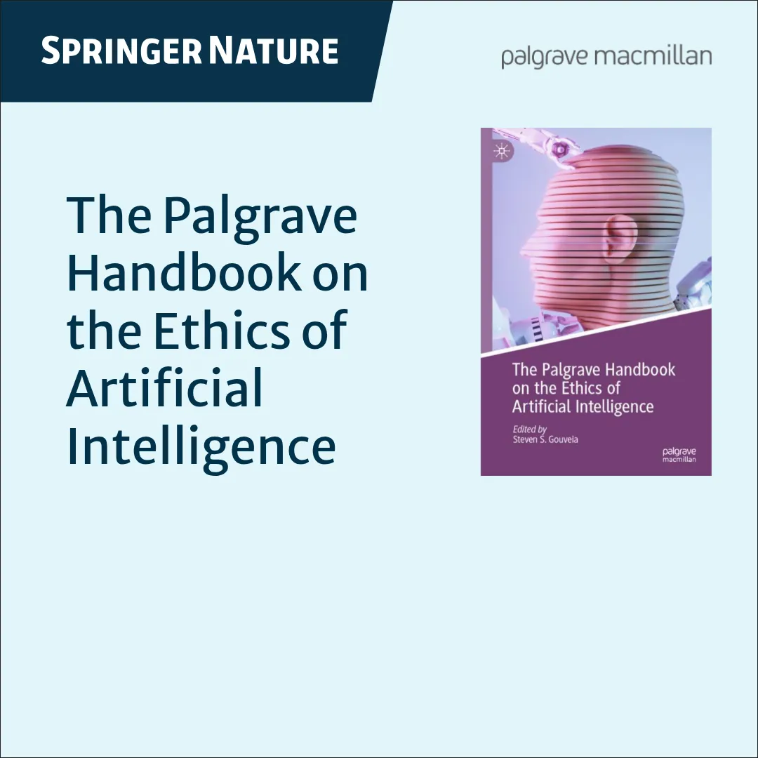 Springer Nature promotional image for The Palgrave Handbook on the Ethics of Artificial Intelligence, showing the book cover and chapter title.